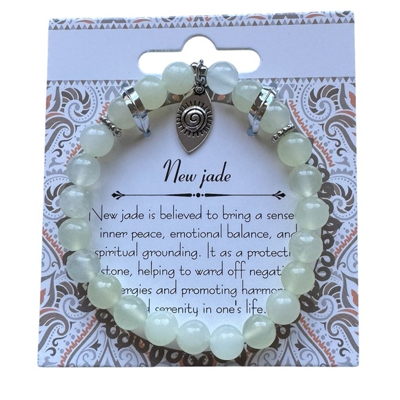 New Healing Stone New Jade Bead Silver Infinite Sun Charm Stretch Bracelet - Picture 3 of 9